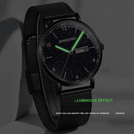 BINBOND Luminous Starry Design Watch for Everyday Wear - black starry face with luminous hands and mesh strap