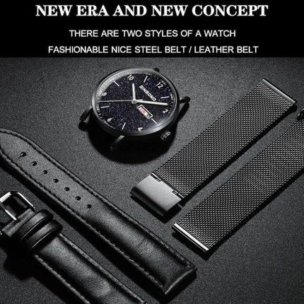 BINBOND Luminous Starry Design Watch for Everyday Wear with starry face, luminous hands and interchangeable steel and leather straps