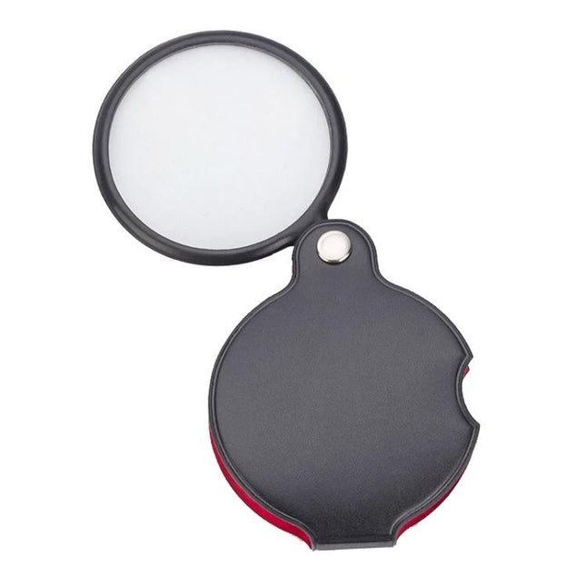 8X Mini Leather Folding Magnifier for Reading and Repair — compact black folding magnifier for reading, jewelry inspection, and repair tasks