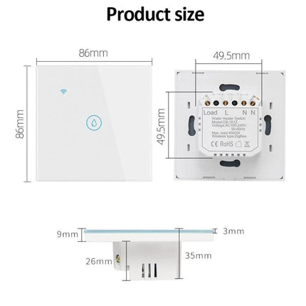 EU Standard Smart Plug with Voice Control for Home Devices showing front touch panel and back wiring with dimensions