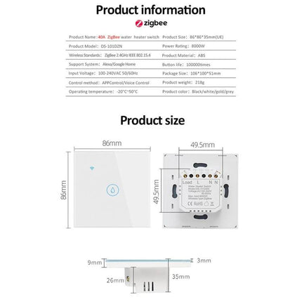 Tuya Smart Switch for Water Heaters and Air Conditioners ZigBee wall-mounted smart switch product info and size diagram