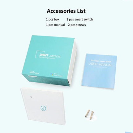 Tuya Smart Switch for Water Heaters and Air Conditioners unboxed kit showing switch panel, user manual, screws and retail box