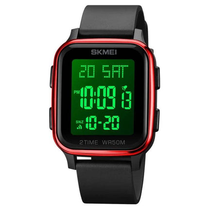 Alt Tag: SKMEI Waterproof Digital Watch with Square Design showing red-trim square case, green digital display with time and date, black silicone strap