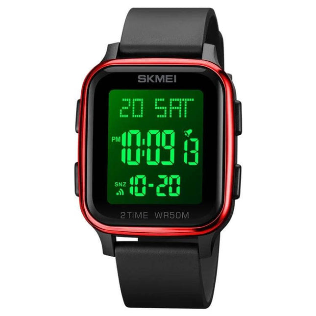 Alt Tag: SKMEI Waterproof Digital Watch with Square Design showing red-trim square case, green digital display with time and date, black silicone strap