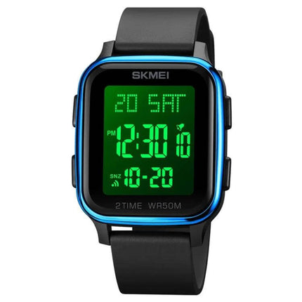 SKMEI Waterproof Digital Watch with Square Design – black strap digital sports watch, 50M water resistance, green LED display, date and time