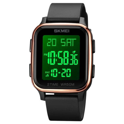 SKMEI Waterproof Digital Watch with Square Design - black strap, green digital display, 50m water resistant square sports watch
