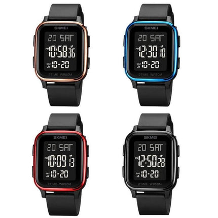 SKMEI Waterproof Digital Watch with Square Design showing four color variations (black, blue, red, rose gold) with digital time, date display and 50m water resistance