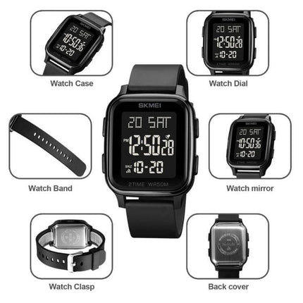 SKMEI Waterproof Digital Watch with Square Design showing black square digital dial, watch band, clasp and back cover, 50m water resistant