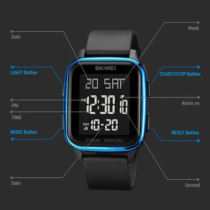 SKMEI Waterproof Digital Watch with Square Design showing digital time/date display, blue-accented square case, buttons labeled light/start/stop/mode/reset, 50m water resistance