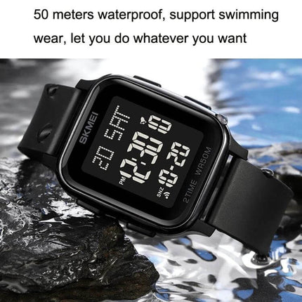 SKMEI Waterproof Digital Watch with Square Design shown on black strap, clear digital display and 50m water resistance