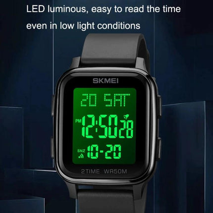 SKMEI Waterproof Digital Watch with Square Design showing green LED display time, date and 50M water resistance on black strap