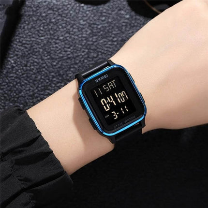SKMEI Waterproof Digital Watch with Square Design on wrist, blue-trim digital display showing time and date, 50m water-resistant sports watch