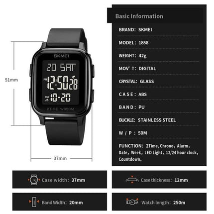 SKMEI Waterproof Digital Watch with Square Design showing black square digital face, dimensions, and specs for 50M water resistance