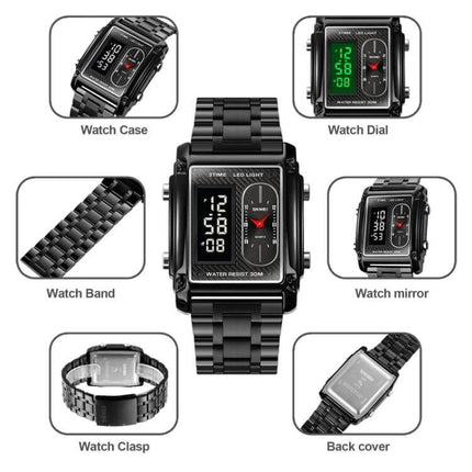 SKMEI Square Men's Watch for Everyday and Water Activities - black square digital-analog watch showing time, water-resistant 30M, metal band