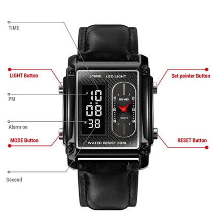 SKMEI Square Men's Watch for Everyday and Water Activities - black square dual-display watch with leather strap, 30m water resistance, labeled buttons and functions