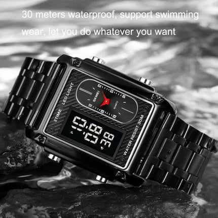 SKMEI Square Men's Watch for Everyday and Water Activities - black square dual-display watch, 30m water resistant for swimming and daily use
