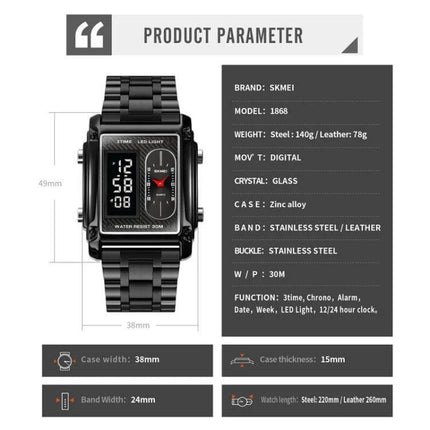 SKMEI Square Men's Watch for Everyday and Water Activities - black digital square watch showing specs, 30m water resistant, stainless steel band