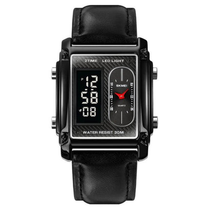 SKMEI Square Men's Watch for Everyday and Water Activities - black rectangular dual-display watch with leather strap, 30M water resistant