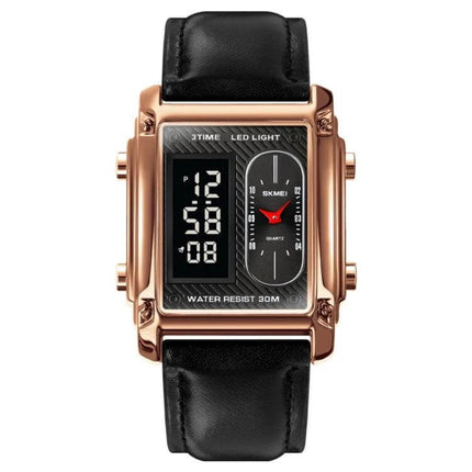 SKMEI Square Men's Watch for Everyday and Water Activities - rose gold square case, digital and analog display, 30M water resistant, black leather strap