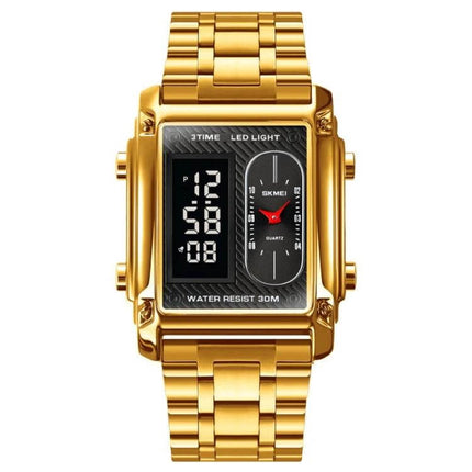 SKMEI Square Men's Watch for Everyday and Water Activities - gold dual-display watch, 30M water resistant, durable everyday timepiece