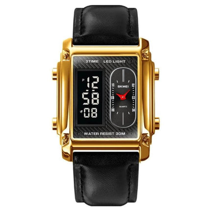 SKMEI Square Men's Watch for Everyday and Water Activities - gold square dual-display watch with leather strap, 30M water resistant
