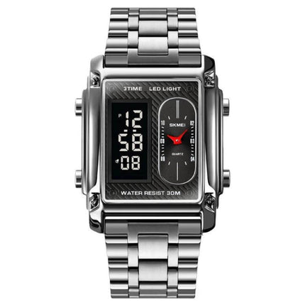 SKMEI Square Men's Watch for Everyday and Water Activities - stainless steel square digital-analog watch, 30M water resistant, LED light