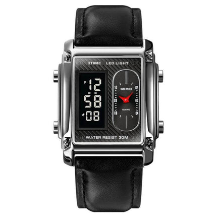SKMEI Square Men's Watch for Everyday and Water Activities - stainless square case, digital-analog display, black leather strap, 30m water resistant