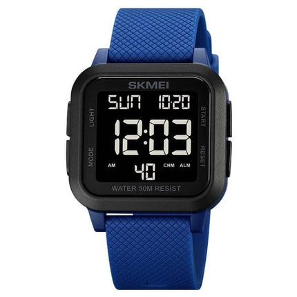 SKMEI Square Waterproof Sports Watch for Daily Activities - blue square digital watch with rubber strap, waterproof 50M, dual time and countdown features