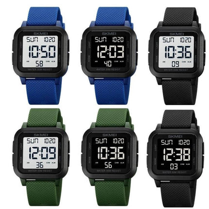 SKMEI Square Waterproof Sports Watch for Daily Activities - six-color digital square sports watches with dual time, countdown and water-resistant design