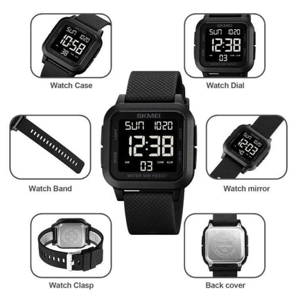 SKMEI Square Waterproof Sports Watch for Daily Activities black square digital watch showing time, band, clasp, dial and back cover