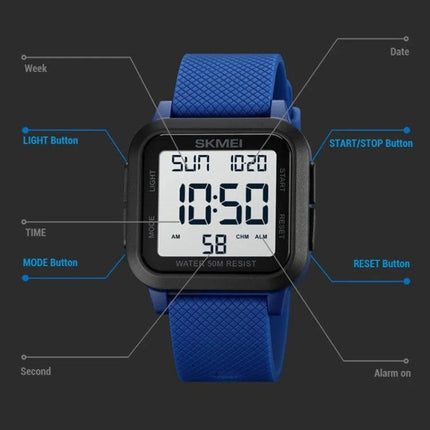 SKMEI Square Waterproof Sports Watch for Daily Activities - blue square digital sports watch with textured strap showing time and function labels
