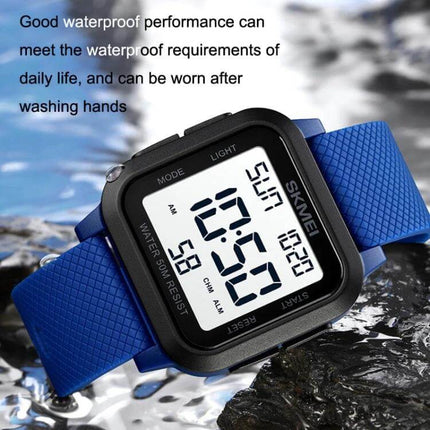 SKMEI Square Waterproof Sports Watch for Daily Activities - blue square digital sports watch with waterproof design and textured strap