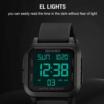 SKMEI Square Waterproof Sports Watch for Daily Activities showing EL backlight digital display and water resistant square case