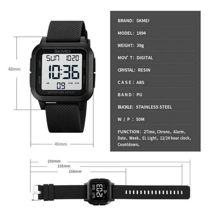 SKMEI Square Waterproof Sports Watch for Daily Activities black square digital watch front and strap with dimensions and specs