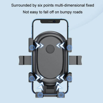 Motorcycle Phone Holder for 4.7-7.2 Inch Phones showing six-point silicone grips and polycarbonate body securing a phone on handlebars