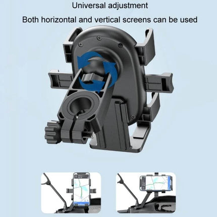 Motorcycle Phone Holder for 4.7-7.2 Inch Phones showing polycarbonate clamp, shock-absorbing silicone, and adjustable horizontal/vertical mount on handlebar