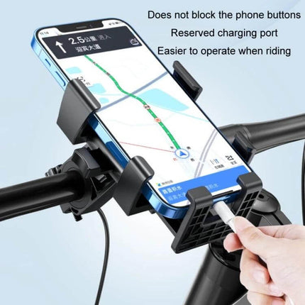 Motorcycle Phone Holder for 4.7-7.2 Inch Phones securely mounted on handlebar showing GPS, shock-absorbing silicone grips and reserved charging port