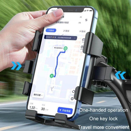Motorcycle Phone Holder for 4.7-7.2 Inch Phones securely mounted on handlebar with one-handed operation and shock-absorbing silicone grip