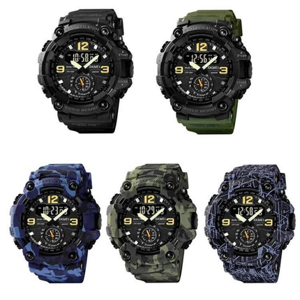 SKMEI Durable Men's Outdoor Shockproof Digital Sports Watch showing five color variants with rugged shockproof design and easy-read digital analog display