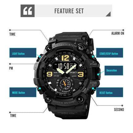 SKMEI Durable Men's Outdoor Shockproof Digital Sports Watch showing labeled feature set and buttons for light, start/stop, mode, reset, alarm and time display
