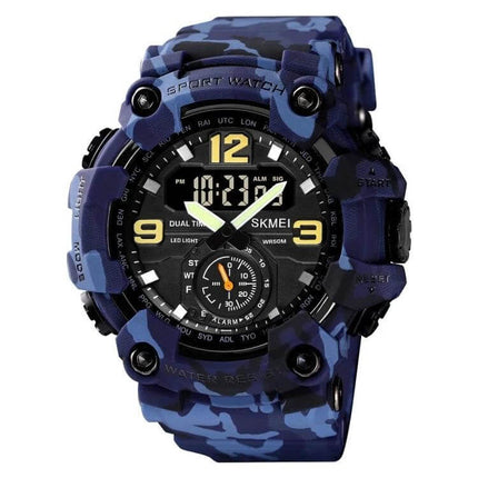 SKMEI Durable Men's Outdoor Shockproof Digital Sports Watch in blue camo with dual digital-analog display, water-resistant rugged design