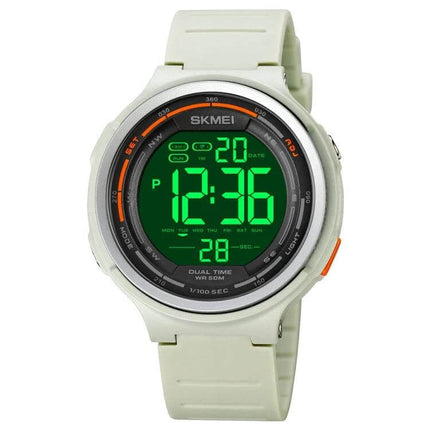 SKMEI Waterproof Luminous Outdoor Sports Watch for Daily Use digital green LED display on white strap showing 12:36, luminous, 50m waterproof