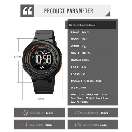 SKMEI Waterproof Luminous Outdoor Sports Watch for Daily Use digital black sports watch with luminous LED 50m waterproof and specification diagram