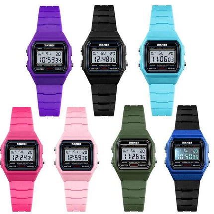 SKMEI Luminous Waterproof Multifunctional Children's Sports Watch showing multiple colorful kid-friendly digital watches in purple, black, blue, pink, green, and navy