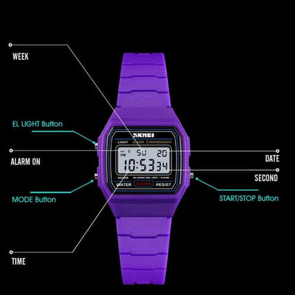 SKMEI Luminous Waterproof Multifunctional Children's Sports Watch purple digital kid’s wristwatch with EL light, alarm, mode and start/stop buttons