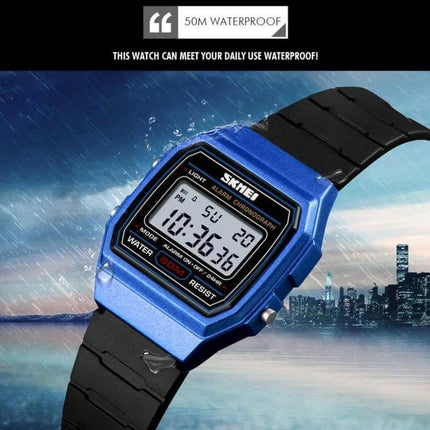 SKMEI Luminous Waterproof Multifunctional Children's Sports Watch blue digital kids watch with black strap showing time and waterproof design