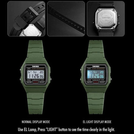 SKMEI Luminous Waterproof Multifunctional Children's Sports Watch green digital kids wristwatch showing normal and EL light display