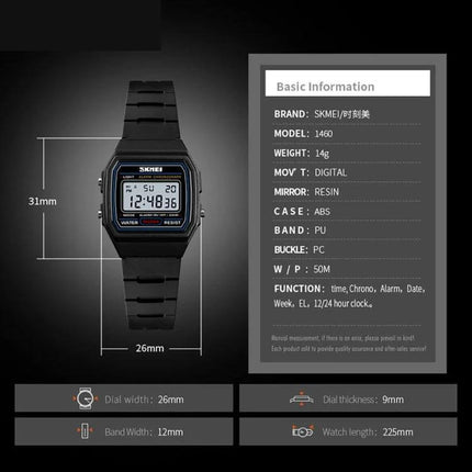 SKMEI Luminous Waterproof Multifunctional Children's Sports Watch showing digital display, dimensions, specs and functions for kids