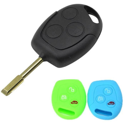 Ford Transit/Focus Silicone Key Protector 2-Pack For Everyday Use black key fob with green and blue silicone covers protecting buttons