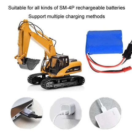 USB Charging Cable for 18650 Lithium Batteries in Home Appliances showing cable, LED indicator and use with toys and small appliances